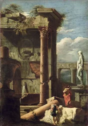 Edificio antiguo con una estatua y figuras decorativas, 1720-25